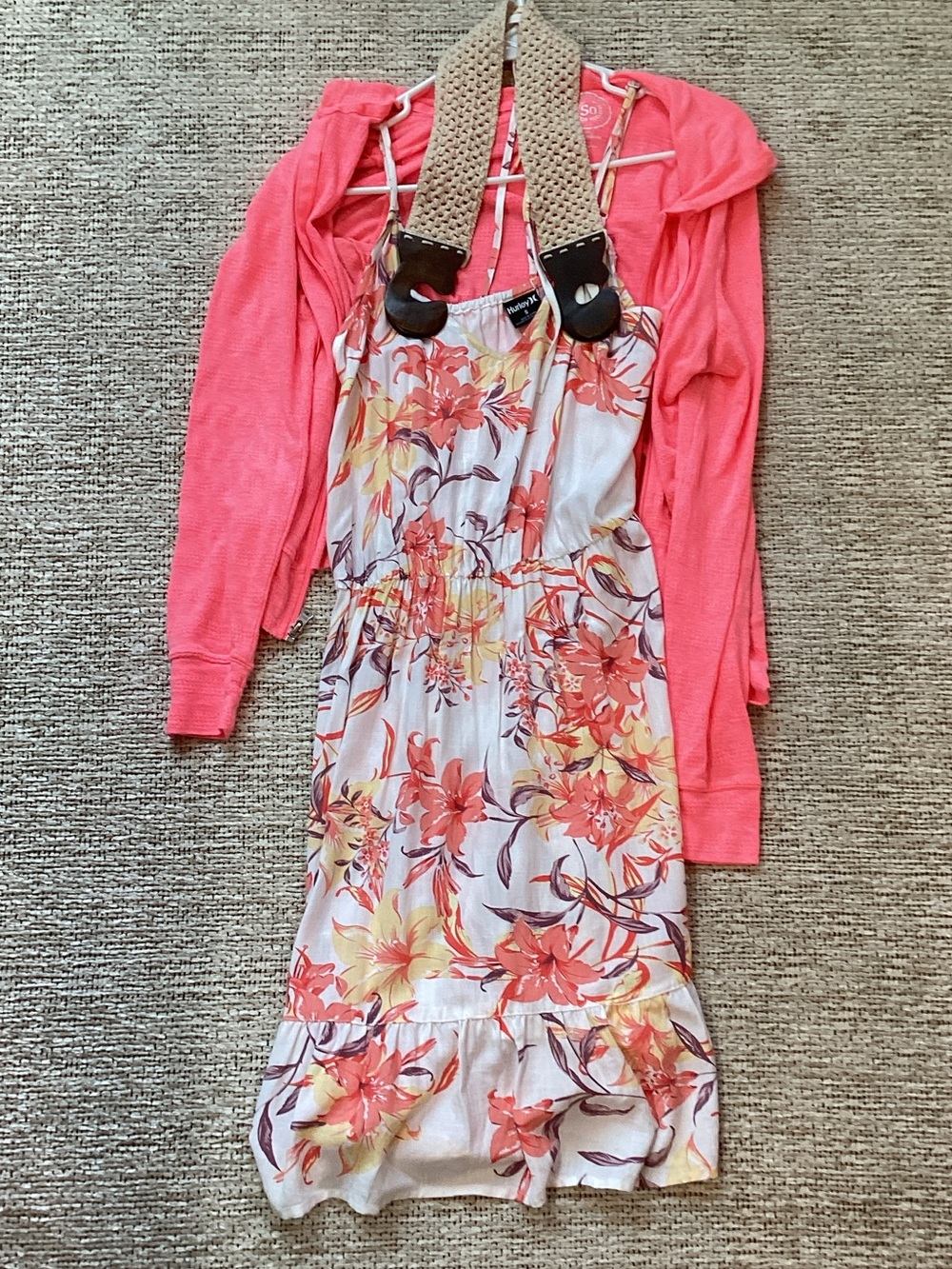 Hurley Coral & Yellow Floral Sundress with Pink Cardigan